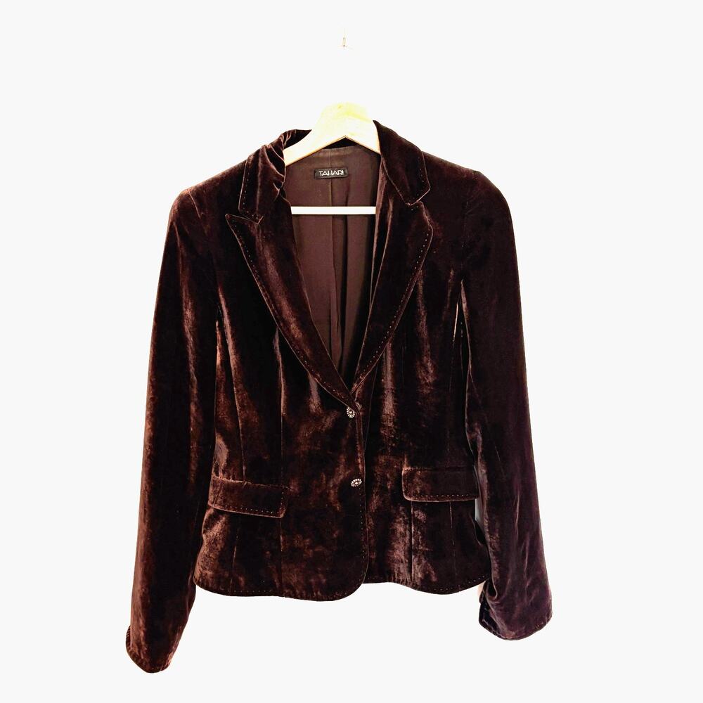 VTG Dark Academia Brown Velvet Blazer Tahari Womens Size M Silk Whimsygoth